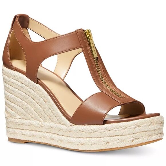 Michael Kors Womens 6.5 Berkley Leather Block-Heel Sandal Zipper Tan Brown - Picture 1 of 5